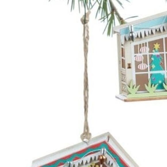 Christmas tree ornament mid century house retro with cat holiday new wood - Picture 2 of 3